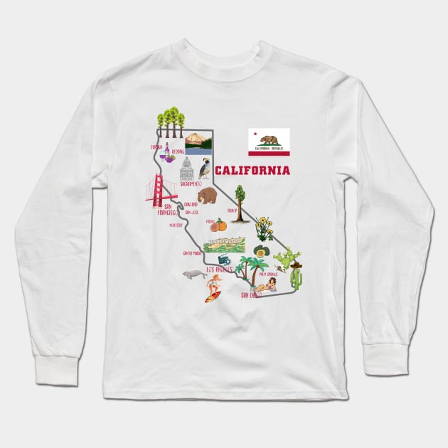 california tourist map with landmarks and famous symbols, USA, United states Long Sleeve T-Shirt by Mashmosh